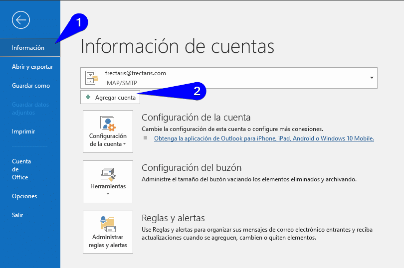 Configurar cuenta de correo en Outlook 2019